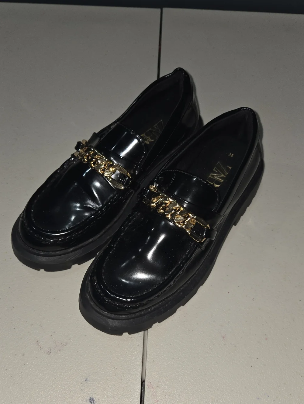Zara Black Patent Loafers with Gold Chain